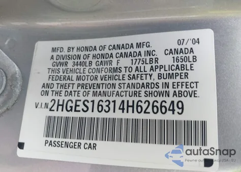 2004 Honda Civic Vp from USA, damaged, VIN 2HGES16314H626649